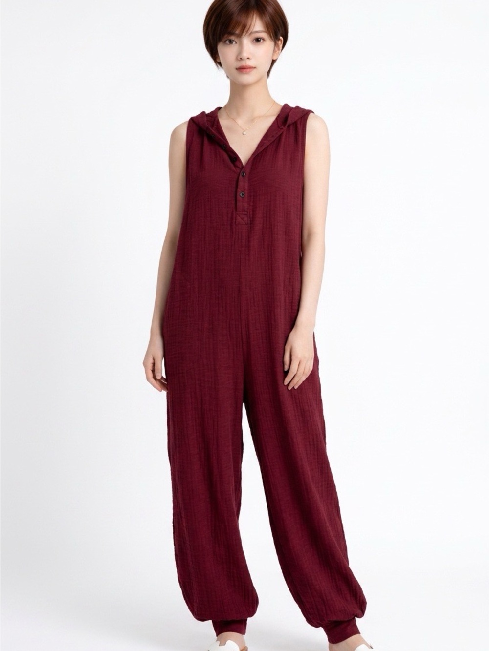 2378-Boho Oversized Hooded Harem Jumpsuit Sleeveless Henley Red Large - Picture 2 of 10